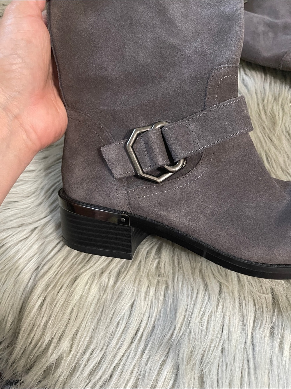 Vince Camuto Gray Suede Mid-Calf Buckle wadelyn heel boots - Picture 4 of 7
